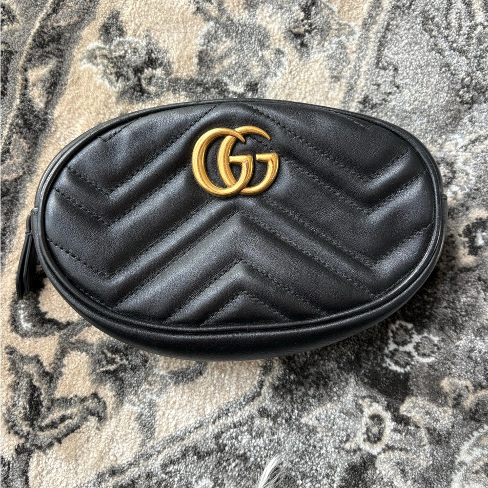 Gucci Black GG Marmont Quilted Leather Belt Bag with Gold Hardware